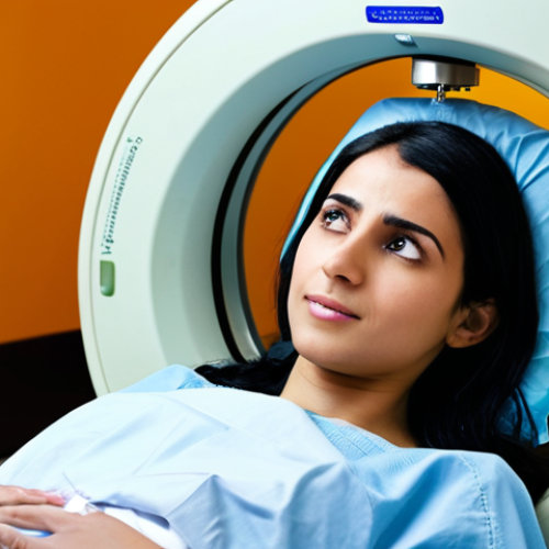 Home 18 **Prompt:** A serene and calm Arab patient, a woman wearing a modest headscar, lies comfortably within a modern, brightly lit CT scanning machine. A compassionate medical professional, either male or female, stands nearby, gently explaining the procedure or offering reassurance. The scene emphasizes clear communication, patient empowerment through understanding, and a palpable sense of trust in the advanced technology within a clean, safe clinical environment. The overall mood conveys the delicate balance between the immense diagnostic benefits and the carefully controlled, minimal risks.