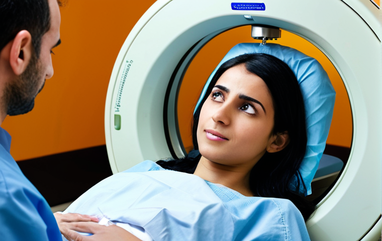 **Prompt:** A serene and calm Arab patient, a woman wearing a modest headscar, lies comfortably within a modern, brightly lit CT scanning machine. A compassionate medical professional, either male or female, stands nearby, gently explaining the procedure or offering reassurance. The scene emphasizes clear communication, patient empowerment through understanding, and a palpable sense of trust in the advanced technology within a clean, safe clinical environment. The overall mood conveys the delicate balance between the immense diagnostic benefits and the carefully controlled, minimal risks.