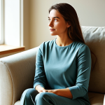 A professional woman, in a modest, comfortable long-sleeved top and trousers, sits calmly on a soft armchair in a sunlit modern living room. Her posture is relaxed but subtly reflects quiet strength and determination. Her gaze is thoughtful, looking slightly off-camera, conveying a sense of inner peace and resilience. The room is decorated with warm, neutral colors, featuring soft textures and a potted plant in the background, creating a serene and supportive atmosphere. perfect anatomy, correct proportions, natural pose, well-formed hands, proper finger count, natural body proportions, professional photography, high quality, studio lighting, fully clothed, modest clothing, appropriate attire, professional dress, safe for work, appropriate content, family-friendly.