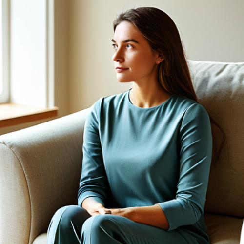 Home 17 A professional woman, in a modest, comfortable long-sleeved top and trousers, sits calmly on a soft armchair in a sunlit modern living room. Her posture is relaxed but subtly reflects quiet strength and determination. Her gaze is thoughtful, looking slightly off-camera, conveying a sense of inner peace and resilience. The room is decorated with warm, neutral colors, featuring soft textures and a potted plant in the background, creating a serene and supportive atmosphere. perfect anatomy, correct proportions, natural pose, well-formed hands, proper finger count, natural body proportions, professional photography, high quality, studio lighting, fully clothed, modest clothing, appropriate attire, professional dress, safe for work, appropriate content, family-friendly.