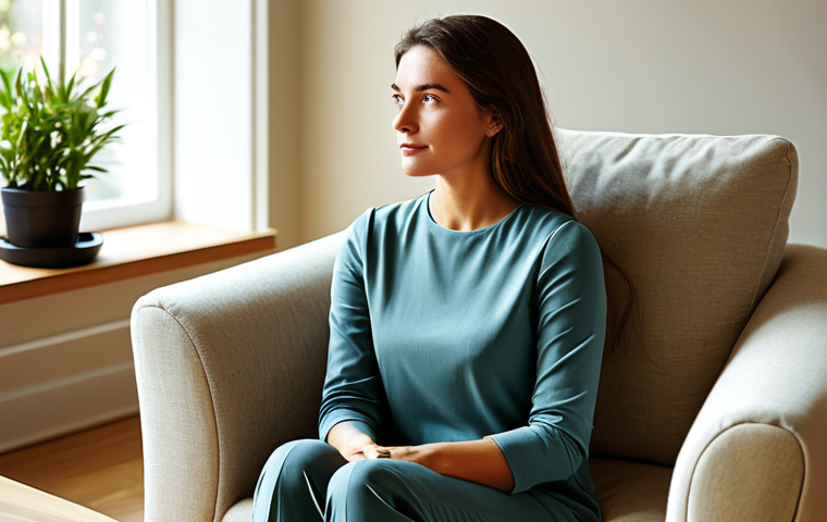 A professional woman, in a modest, comfortable long-sleeved top and trousers, sits calmly on a soft armchair in a sunlit modern living room. Her posture is relaxed but subtly reflects quiet strength and determination. Her gaze is thoughtful, looking slightly off-camera, conveying a sense of inner peace and resilience. The room is decorated with warm, neutral colors, featuring soft textures and a potted plant in the background, creating a serene and supportive atmosphere. perfect anatomy, correct proportions, natural pose, well-formed hands, proper finger count, natural body proportions, professional photography, high quality, studio lighting, fully clothed, modest clothing, appropriate attire, professional dress, safe for work, appropriate content, family-friendly.