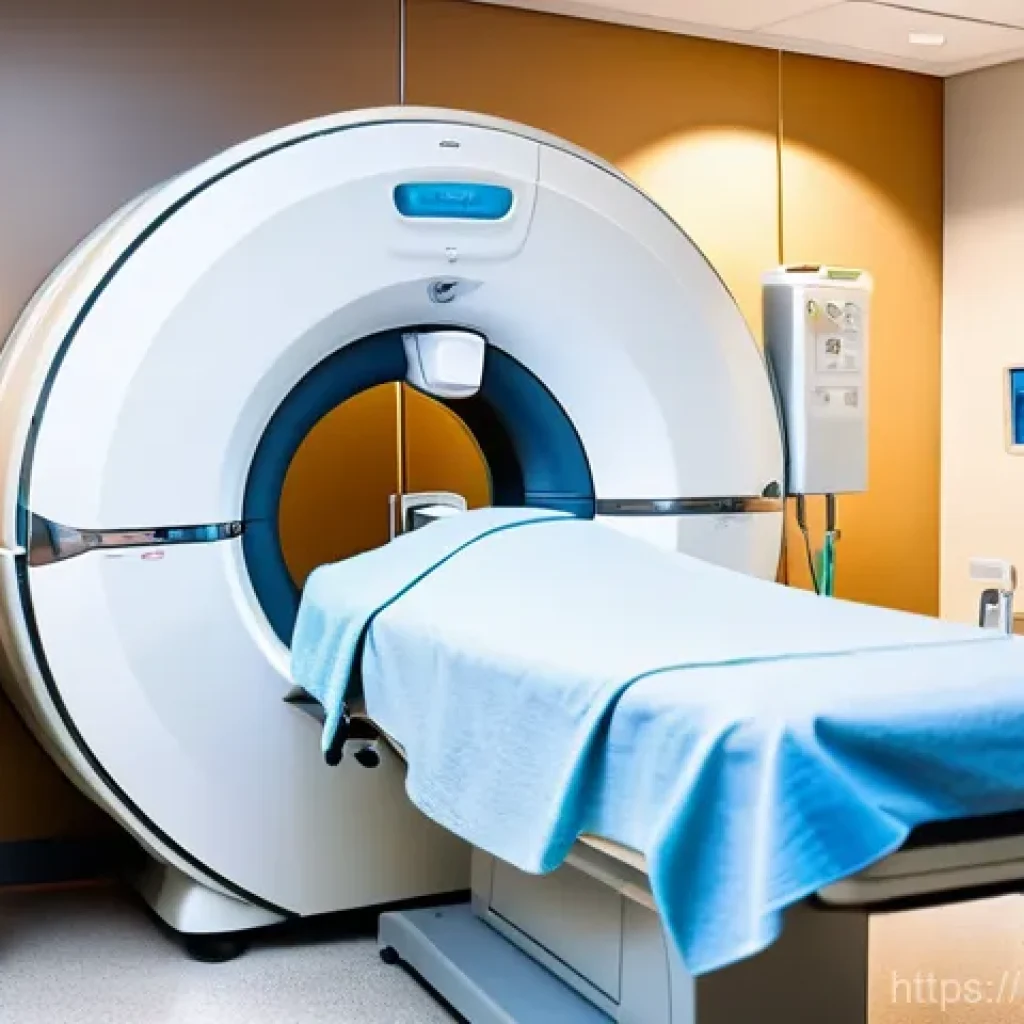 MRI 검사 추천 병원 - **Prompt:** A state-of-the-art, sleek MRI machine in a brightly lit, clean, and calming medical imag...