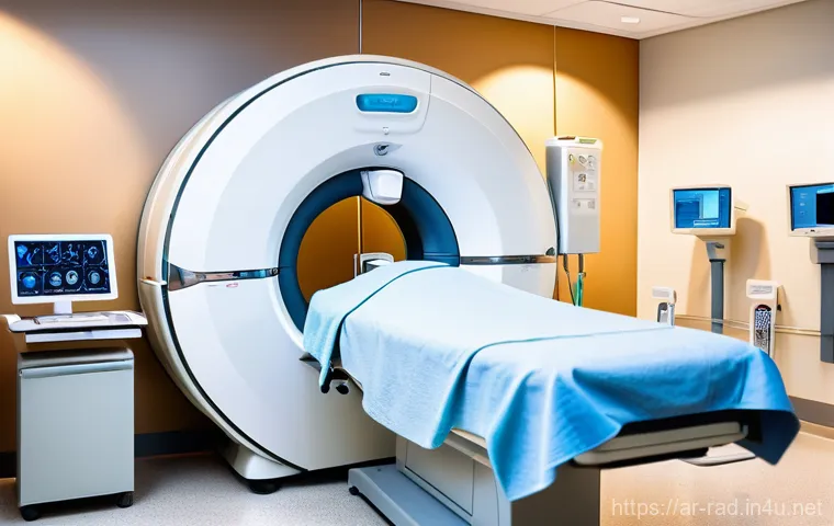 MRI 검사 추천 병원 - **Prompt:** A state-of-the-art, sleek MRI machine in a brightly lit, clean, and calming medical imag...