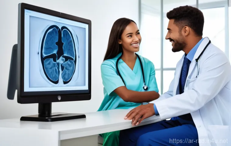 MRI 검사 장단점 비교 - **Prompt 2: Pediatric Patient Preparation for MRI** "A compassionate female doctor, wearing a wh...