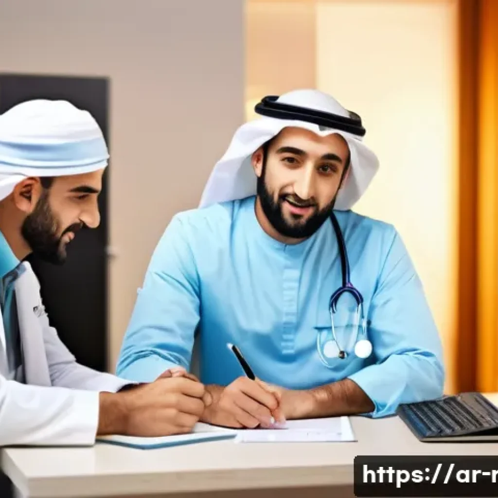 MRI 검사 의료보험 적용 여부 - A modern medical clinic in a Middle Eastern city, featuring a diverse Arab family consulting with a ...