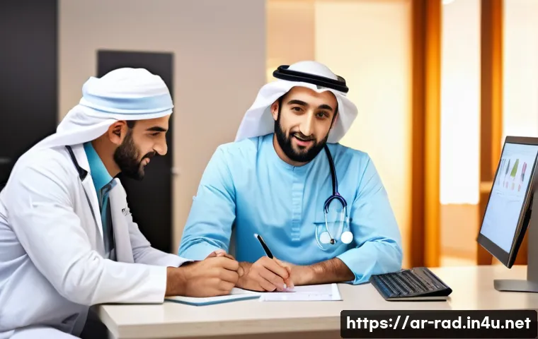 MRI 검사 의료보험 적용 여부 - A modern medical clinic in a Middle Eastern city, featuring a diverse Arab family consulting with a ...