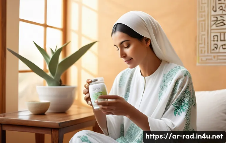방사선 치료 후 회복 관리 - A serene Middle Eastern woman in her 40s gently applying natural aloe vera gel on her irradiated ski...