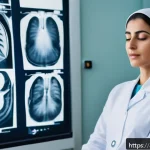 Home 22 위장 X ray 검사 과정 - A calm and composed Middle Eastern woman in her early 30s wearing comfortable, modest cotton clothin...