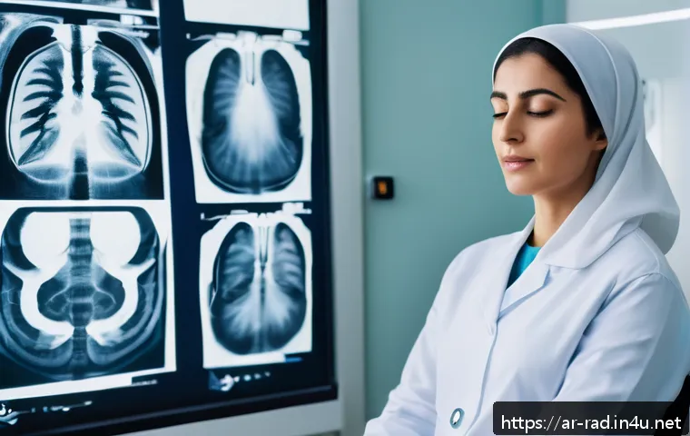 위장 X ray 검사 과정 - A calm and composed Middle Eastern woman in her early 30s wearing comfortable, modest cotton clothin...