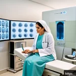 Home 21 골밀도 검사와 방사선 안전성 - A modern medical clinic room with an Arab woman in her 40s wearing comfortable, light cotton clothin...