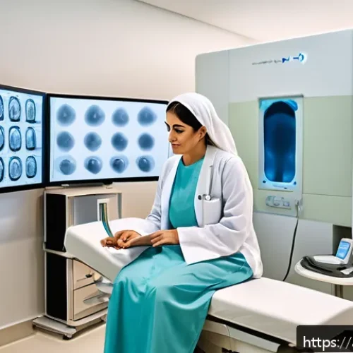 Home 33 골밀도 검사와 방사선 안전성 - A modern medical clinic room with an Arab woman in her 40s wearing comfortable, light cotton clothin...