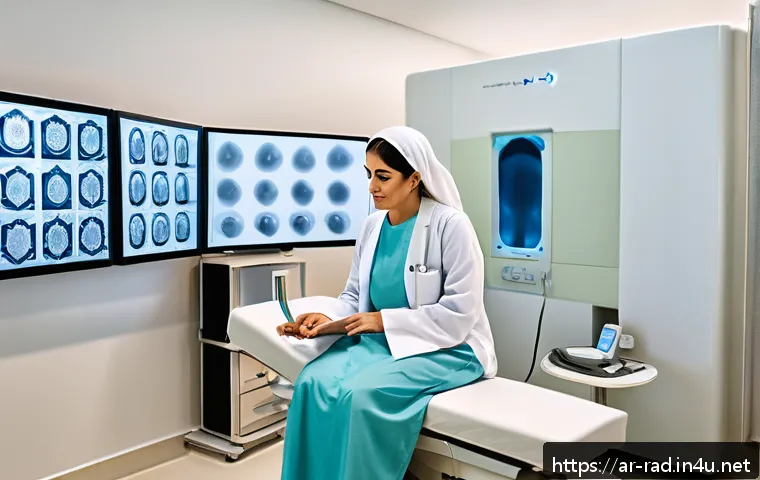 골밀도 검사와 방사선 안전성 - A modern medical clinic room with an Arab woman in her 40s wearing comfortable, light cotton clothin...