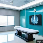 Home 20 간암 치료 방사선 효과 - A modern radiotherapy treatment room in a specialized hospital in the Middle East, equipped with adv...