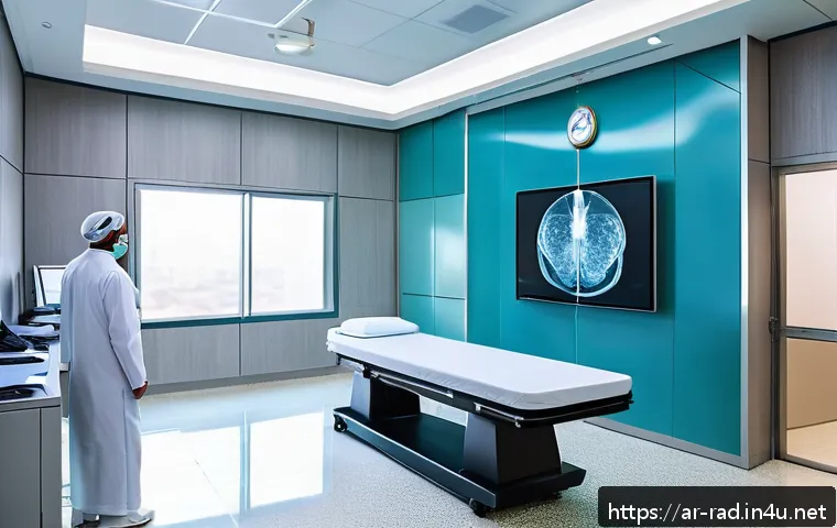 간암 치료 방사선 효과 - A modern radiotherapy treatment room in a specialized hospital in the Middle East, equipped with adv...