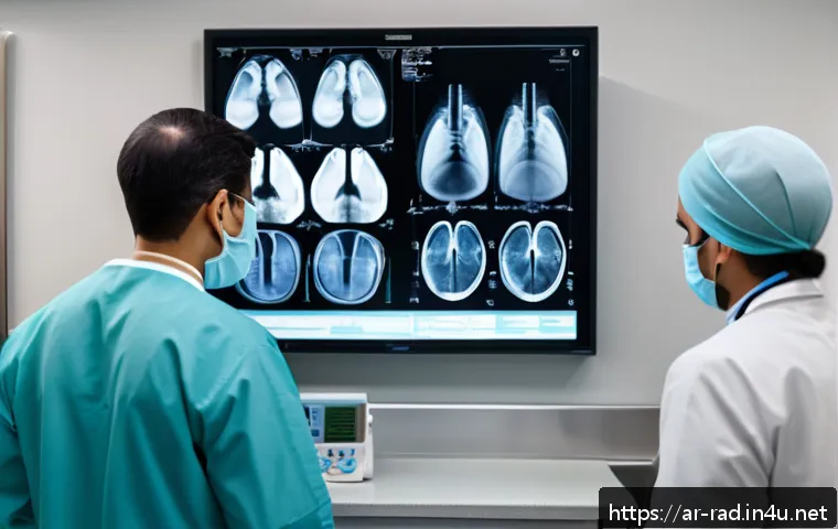 방사선과 진료 후기 - A modern radiology department in a Middle Eastern hospital setting, featuring a diverse medical team...