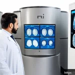 Home 18 척추 MRI 비용 분석 - A modern medical imaging center in Riyadh with advanced 3 Tesla MRI machines, featuring a sleek, hig...