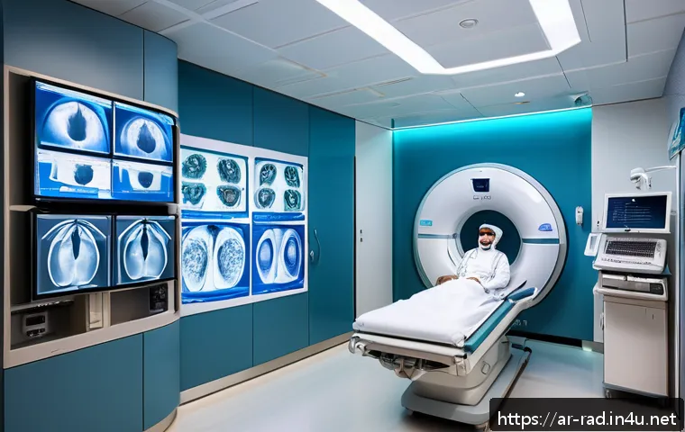 CT 스캔 대체 검사 옵션 - A high-tech MRI scanning room in a modern hospital in an Arabic-speaking country, showing a patient ...